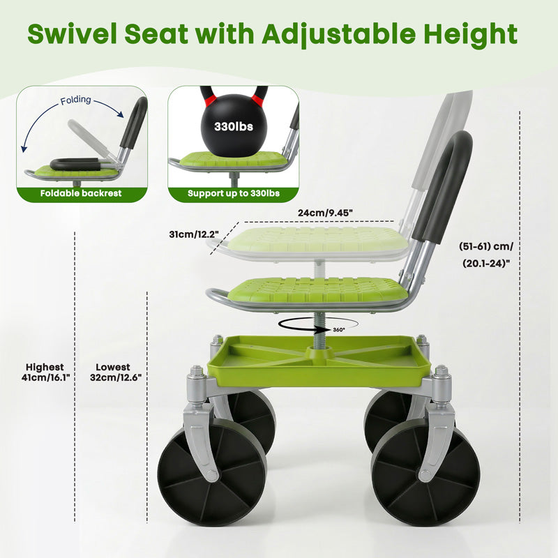 Garden Rolling Cart Seat with 360° Universal Wheels