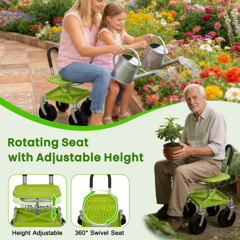 Garden Rolling Cart Seat with 360° Universal Wheels